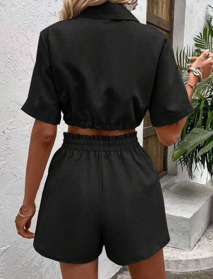 Short-sleeved Cardigan Drawstring Shorts Suit