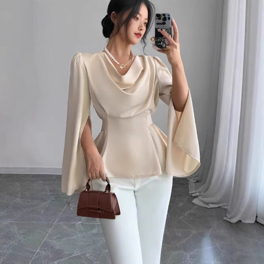 Satin Flare Sleeve Waist Trimming Shirt