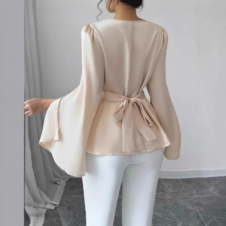 Satin Flare Sleeve Waist Trimming Shirt