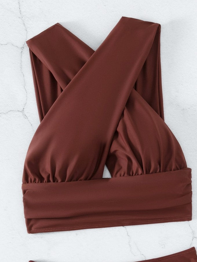 Cross-halterneck Pleated Swimsuit