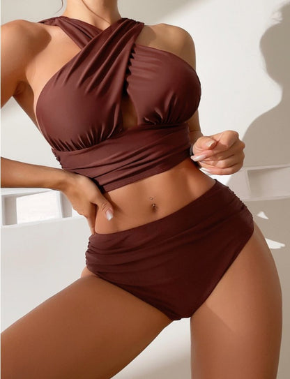 Cross-halterneck Pleated Swimsuit