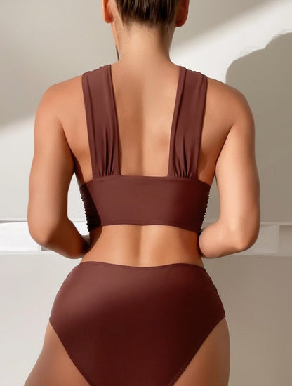 Cross-halterneck Pleated Swimsuit