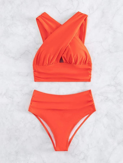 Cross-halterneck Pleated Swimsuit