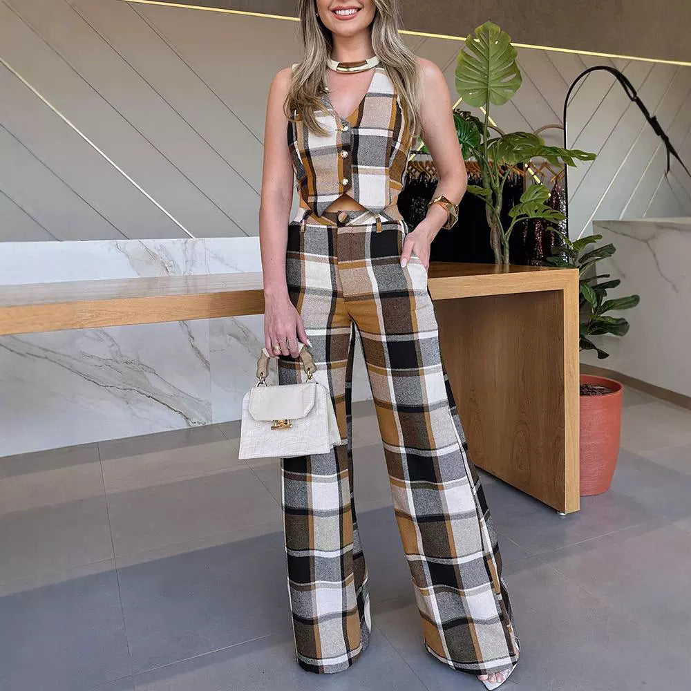 Plaid Sleeveless Vest Suit Straight-leg Pants