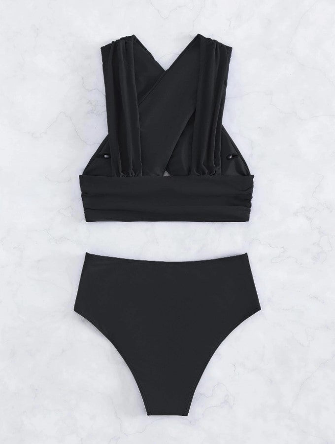 Cross-halterneck Pleated Swimsuit