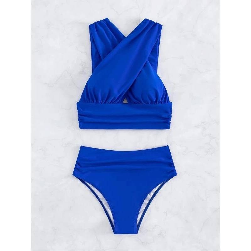 Cross-halterneck Pleated Swimsuit