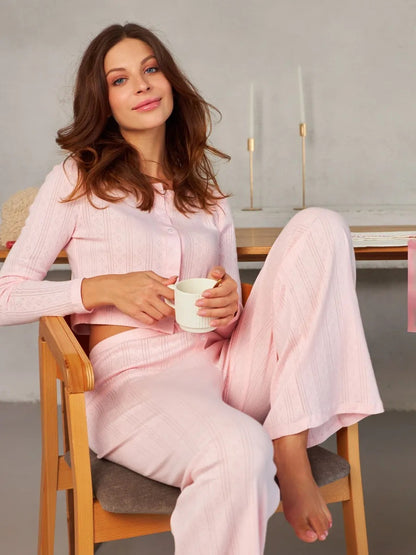 Cardigan Long Sleeve White Hollow-out Knitted Pajamas