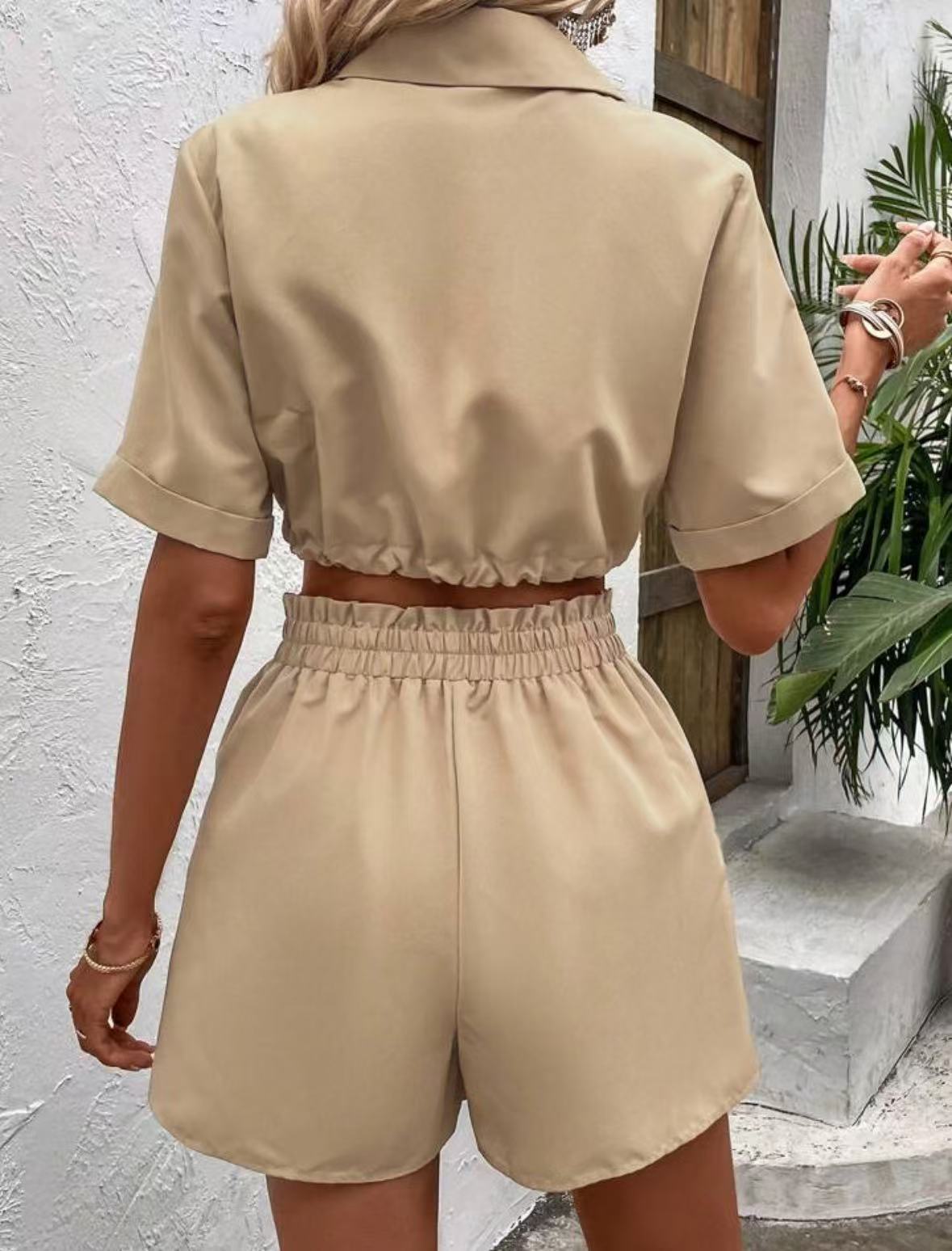 Short-sleeved Cardigan Drawstring Shorts Suit