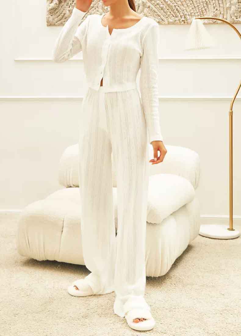 Cardigan Long Sleeve White Hollow-out Knitted Pajamas