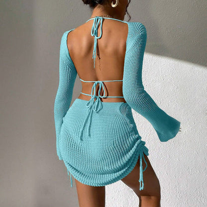 Knitted Hollow Drawstring Bikini Swimsuit Blouse