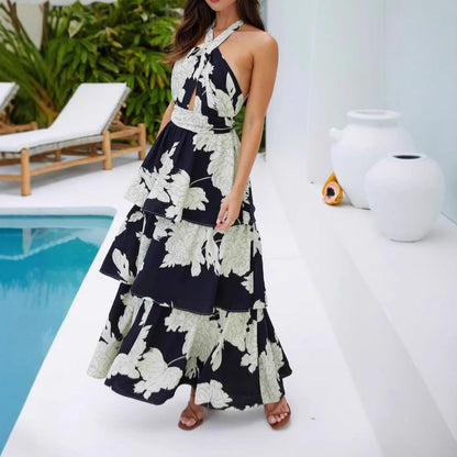 Sexy Print Cake Dress Lace-up Long Dress