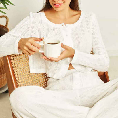 Cardigan Long Sleeve White Hollow-out Knitted Pajamas