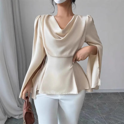 Satin Flare Sleeve Waist Trimming Shirt